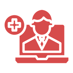 Person on laptop with medical cross icon.
