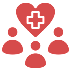 Heart with cross and three people icons.