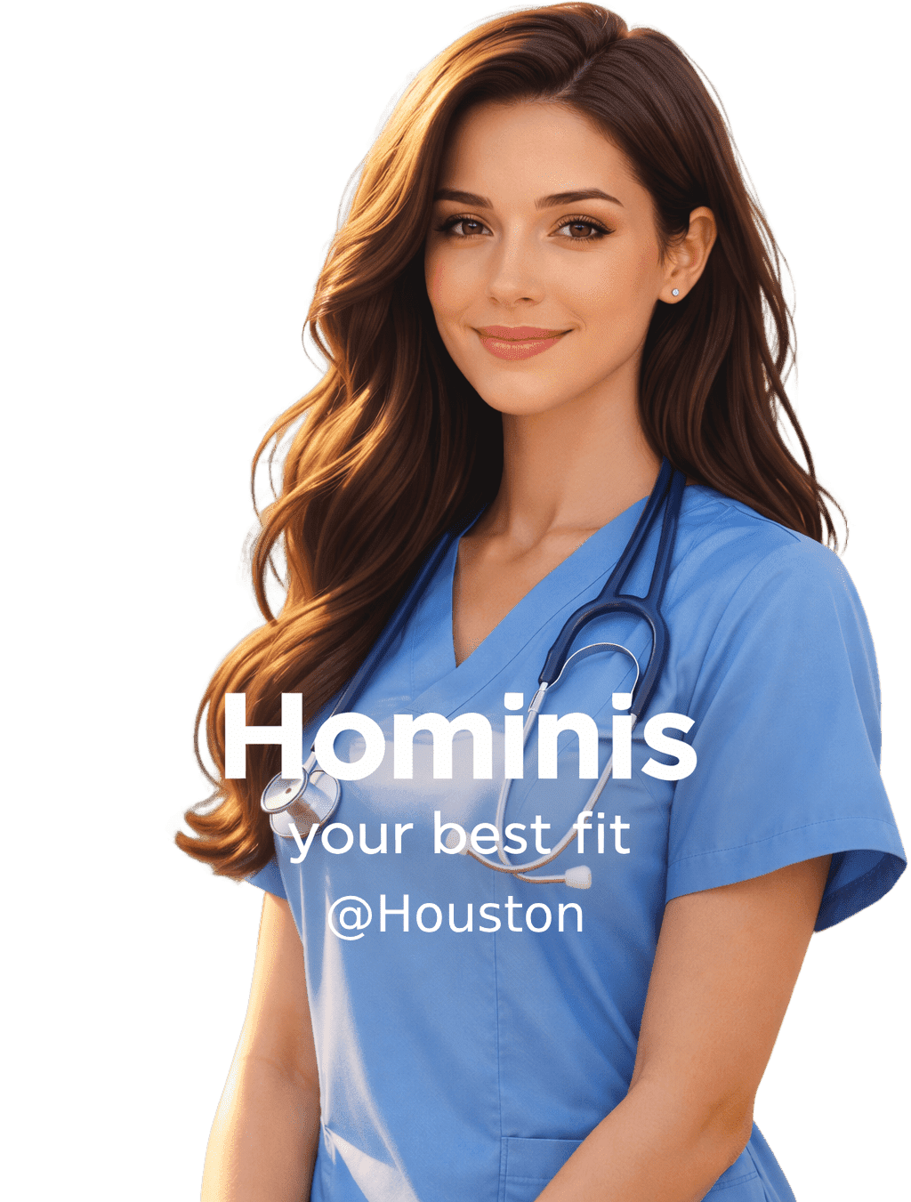 A smiling female nurse in blue scrubs with a stethoscope.