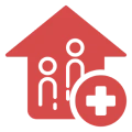 Red house icon with people and cross.