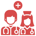 Red medical icons of doctor and nurse.